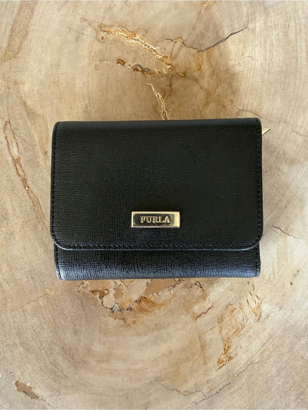 Furla Black Saffiano Leather Small Wallet with Gold Logo